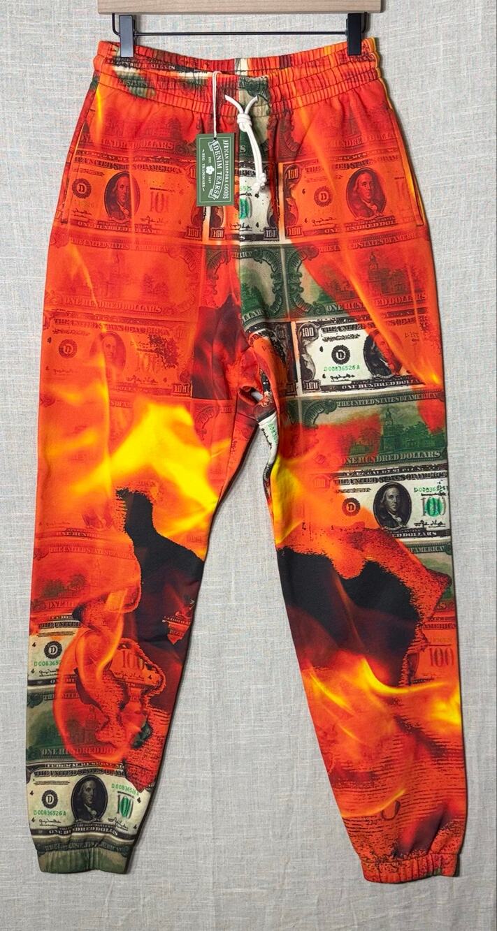 Denim Tears Dollar Burning Sweatpants Multi Orange Flame Graphic NWT Size S